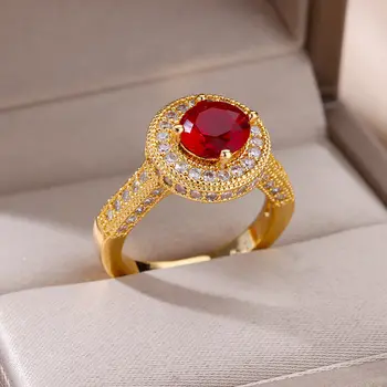 Луксозни червени цирконови пръстени за жени Златен цвят от неръждаема стомана кръг CZ пръстен женски сватба годежно парти бижута подаръци