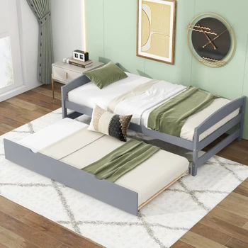  Twin Size Platform Bed с двоен размер Trundle, здрава конструкция, не се изисква пружина, прост и изискан стил, сив