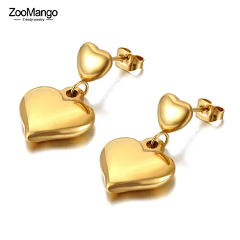 ZooMango Fashion Обеци от неръждаема стомана с двойно сърце Романтична годишнина Сватбени обеци Бижута за жени Момиче ZE21084