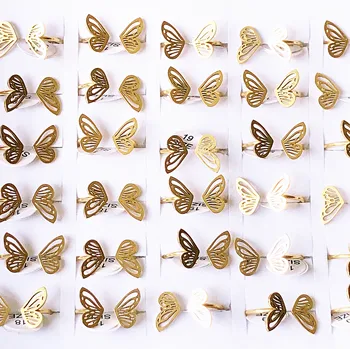  36Pcs / партида регулируема творческа куха дърворезба триизмерна пеперуда пръстен от неръждаема стомана жени мода сватбени бижута