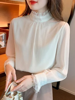 Пролетна блуза с дълъг ръкав Жени Blusas Mujer De Moda 2023 стойка яка шифон блуза риза жени върхове блузи Femme Blusa E85