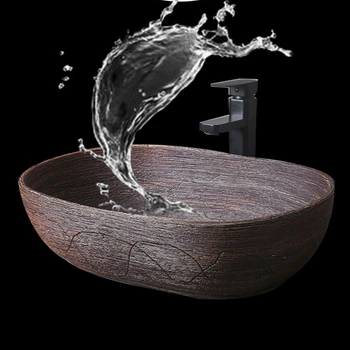 Имитация на дървесно зърно Креативна маса мивка Мивка за баня Керамична мивка Овална ретро арт мивка Настаняване в баня Мивка за баня