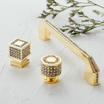 Европейски луксозен диамант кристал дръжка ярко злато цинкова сплав кухненски шкаф копче и дръжки чекмедже копчета хардуер