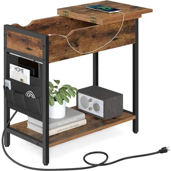 VASAGLE Странична маса с място за съхранение, крайна маса с USB портове и изходи, нощно шкафче със зарядна станция, платнени чанти, за Livin