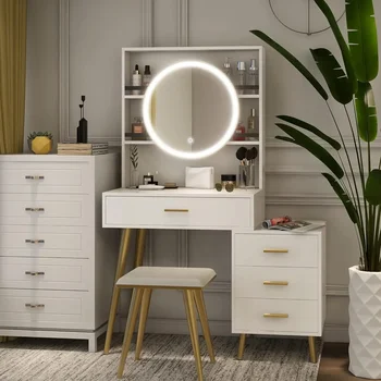 Суета бюро с огледало и светлини, грим суета с 4 чекмеджета, суета огледало със светлини и маса комплект