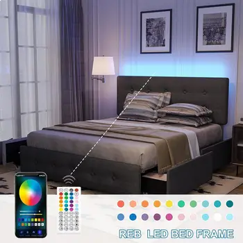 Queen размер LED легло рамка тапицирана платформа легло с 4 чекмеджета табла за вътрешна спалня