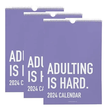 3PCS Adulting Is Hard 2024 Календар, 2024 Месечен вдъхновяващ стенен календар за възрастни, плановици за офис календар Издръжлив