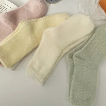 1/3pairs нови жени твърди уютни норка кадифе чорапи зимни трикотаж сгъсти топло чист цвят сън легло етаж начало пухкав чорап Harajuku