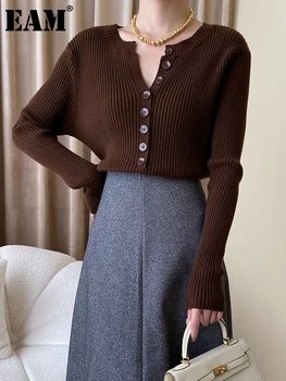 [EAM]Кафе тънък елегантен голям размер плетене пуловер v-образно деколте дълъг ръкав жени пуловери нова мода пролет есен 2024 1DH2176