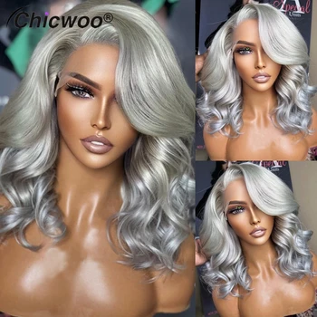 Silver Grey 4x4 Glueless preplucked Human Wigs ready to go Brazilian Virgin Hair 13x4 13x6 Lace Front Loose Body Wavy Bob Wig
