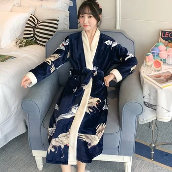Зимни халати дебели жени корал руно кимоно кран отпечатани халат двойка баня рокля спално облекло японски пижами мъжки FF2322