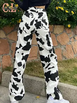 CHRLEISURE Cool Hip Hop Дамски панталони Крава отпечатани дънки с висока талия Модни улични панталони Ежедневни женски панталони Стрейт Жан