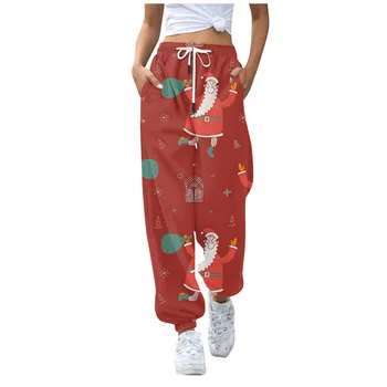 Пролет есен шнур ластик висока талия торбести панталони за жени реколта прави панталони Коледа мода Нова година панталони