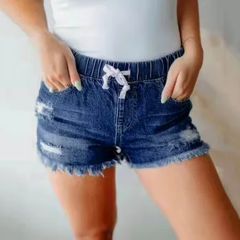 Дамски ежедневни дънкови шорти Hem Ripped Jean Shorts Pantalones Cortos шнур ластик къси панталони Streetwear шорты женский