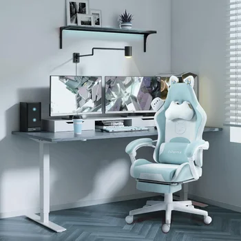 Dowinx Gaming Chair сладък с котешки уши и масажна лумбална опора, ергономичен компютърен стол за момиче с поставка за крака и облегалка за глава,