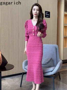 Gagarich корейски темперамент v-образно деколте бутер ръкав дълъг ръкав дантела риза пола 2 парче комплект жени есен нов чуждестранен стил костюм