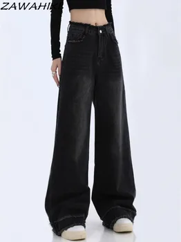 Торбести дънки жени черна мода случайни реколта шик проектирани хлабав протрити прав плътен цвят streetwear Y2K естетически панталони