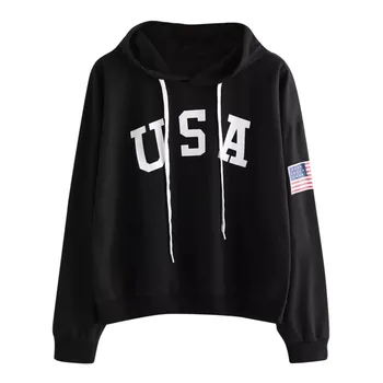 USA Flag Дамски качулки пуловери Писмо Отпечатани кроп върхове Суитчър дълъг ръкав пуловер Casual палто ново в качулки женски