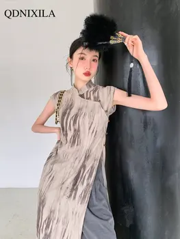 Рокли за жени 2023 Нова китайска висока вилица Cheongsam рокля реколта се изправи яка печат дълга пола жените лятна рокля