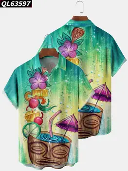 2023 Нови летни мъжки ризи Тики печат бар Хавайски бутон облекло къс ръкав ризи за мъже Ежедневни парти върхове тениски