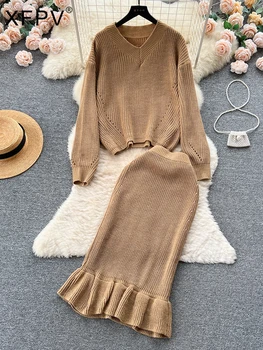 BabYoung жени сладка плета хлабав ръкав пуловер + висока талия средата дължина пола две части комплект корейски мода есен зима 2023
