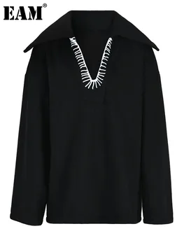 EAM Черно Topstitched голям размер плетене пуловер V-образно деколте дълъг ръкав жени пуловери нова мода прилив пролет есен 2024 CPG0534