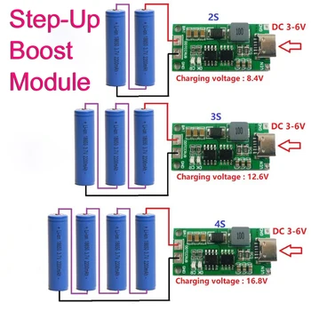 Многоклетъчен модул за повишаване на стъпката 2S 3S 4S Type-C до 8.4V 12.6V 16.8V LiPo полимерно литиево-йонно зарядно устройство 18650 литиева батерия
