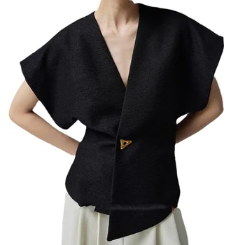 мода дамска блуза 2023 Нередовни копчета къс ръкав v-образно деколте дамска риза лято нов случайни черни жилетки върховете мода Camisas