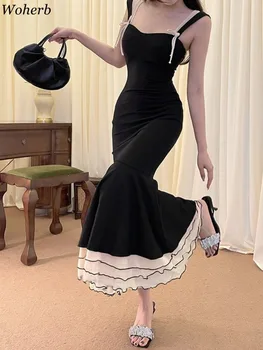 Корейски макси рокли за жени 2024 Vestidos De Mujer мода пачуърк туника прашка роба Femme реколта сладък лък Y2k сладка рокля