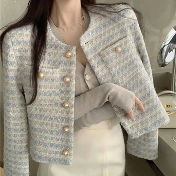 Раирани карирани изрязани палта за жени 2023 Есен корейски стил перла еднореден яке жена дълъг ръкав яке Връхни дрехи