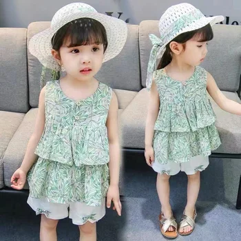 Костюм за момичета 2023 Нова пролет лято корейски мода стил комплекти бебе момиче печатни жилетка твърди хлабав Bowknot панталони две части костюм
