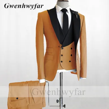 Gwenhwyfar \Официални мъжки костюми Slim Fit 2022 по поръчка Peak Black Lapel младоженец сватба смокинги оранжев цвят нетактичност панталони жилетка