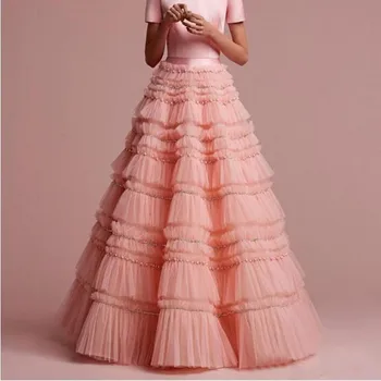 Розова многоетажна пола от тюл Мъниста пухкави къдрици Тортни слоеве Дълги поли 2020 Дамски макси Saias Jupe пола абитуриентски парти рокли