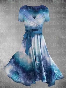 Дамски летни вратовръзка боя градиент изкуство две части рокля 3D отпечатани джоб рокля женски рокли 02
