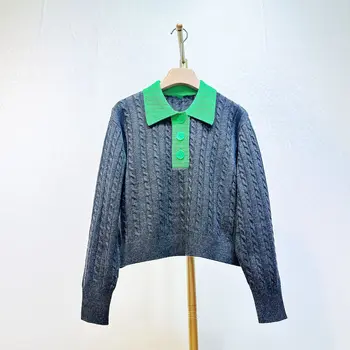 2023 Нова есен трикотажни контрастен цвят ревера пуловер пуловер за жени