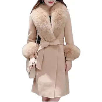 Модно вълнено палто Дамска дълга корейска версия на новата зимна тънка вратовръзка Подвижно кожено яка палто Женски прилив.
