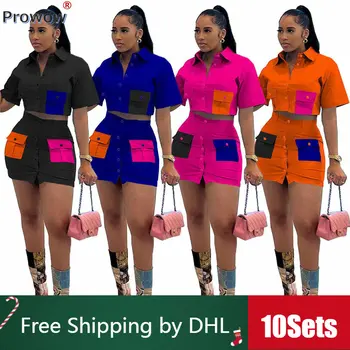 10Sets насипни случайни пола комплекти контрастен цвят пачуърк джобове риза бутон поли лято 2 парче жени облекло на едро 9819