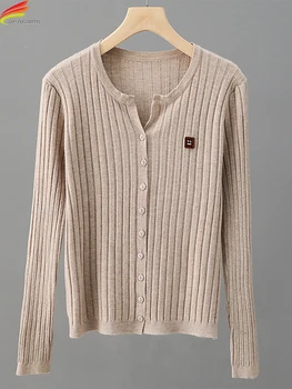 DFRCAEG пуловери за жени 2023 Ново пристигане единични бутони дълъг ръкав отгоре и пуловер ребро памук корейски случайни плетени пуловери