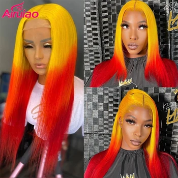 Ombre Ginger Straight Lace Front Human Hair Wig Orange Full HD Transparent Frontal Red Wigs Yellow Colored Pre Plucked 30 инча