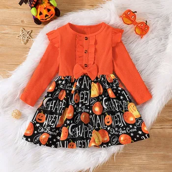 Хелоуин момичета дълъг ръкав печат пухкава мрежеста рокля детска пола бебешко облекло Хелоуин костюм бебе момиче момче сладък тиква