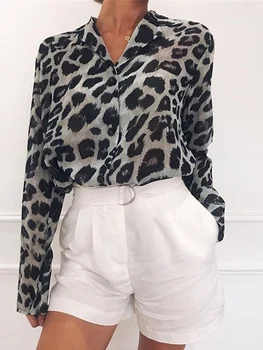 2023 Нова мода жени случайни хлабав леопард отпечатани T-shit y2k улично облекло реколта женски шик шифон блуза дама елегантни ризи