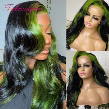 Green Highlight перука човешка коса тяло вълна 180% предварително оскубани 13x6 дантела фронтални перуки човешка коса перуки за жени Remy бразилски