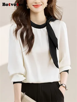 Botvotee Сатенена дамска блуза 2024 Нов френски стил O Neck Bow Tops Шик Casual Loose Office Ladies Елегантни ризи с дълъг ръкав