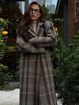Дамски шик карирана ревера джоб вълнен палто случайни хлабав дълъг ръкав еднореден палто зимен офис дама пътник връхни дрехи