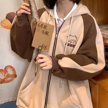 2022 есен и зима колеж стил Японско момиче сладък качулка мечка бродерия студент мода хлабав шевове цип пуловер