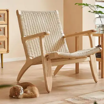 Ins стил скандинавски стил ратан дървен фотьойл дома облегалка балкон единичен диван стол мързелив дизайнер стол