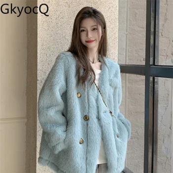GkyocQ 2023 Есен и зима мода старши смисъл v-образно деколте двуреден бутон дълъг ръкав изкуствена норка топло дебело палто яке