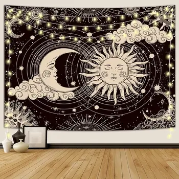 Гоблен, естетичен черен тъмен духовен гоблени Мистично горящо слънце с облаци Звездна стена висящ декор за спалня
