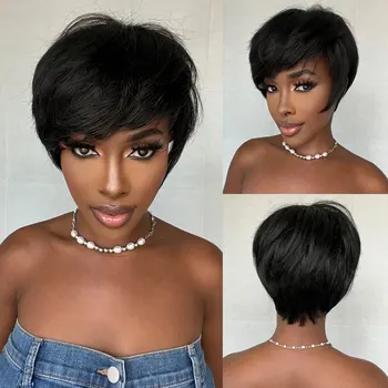 Синтетична права черна перука къса перука Pixie Cut със страничен бретон за черни жени афро косплей ежедневно топлоустойчива влакнеста коса