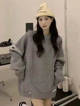 Зимни дрехи Жени Корейски модни върхове 2022 жени кръг врата дупка хлабав плета пуловер средна дължина извънгабаритни пуловер жени